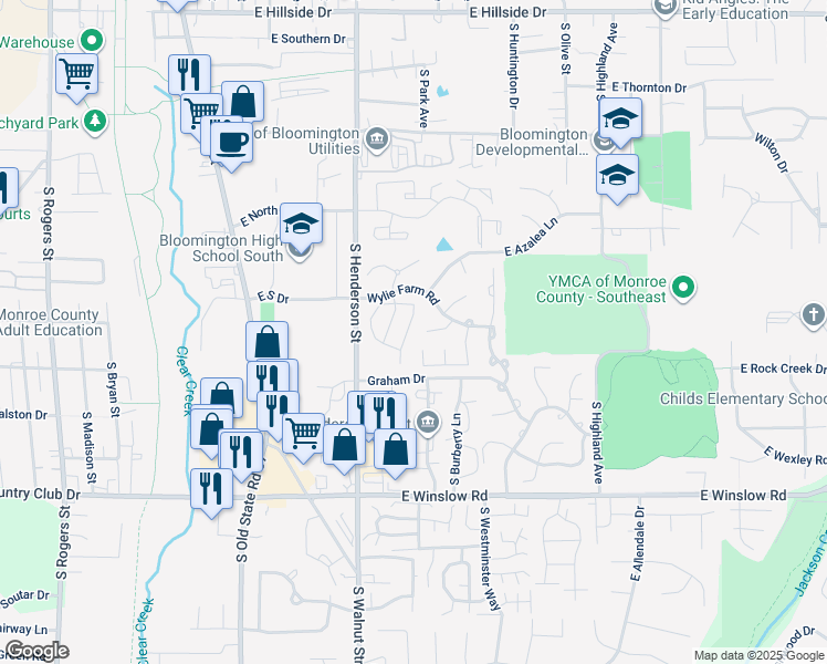 map of restaurants, bars, coffee shops, grocery stores, and more near 2249 South Sweetbriar Court in Bloomington