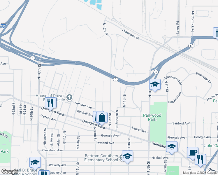 map of restaurants, bars, coffee shops, grocery stores, and more near 3052 North 12 Street in Kansas City