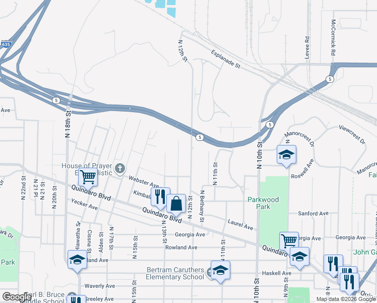 map of restaurants, bars, coffee shops, grocery stores, and more near 3052 North 12 Street in Kansas City