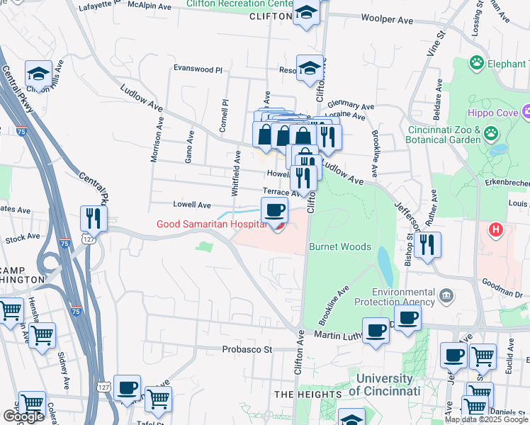 map of restaurants, bars, coffee shops, grocery stores, and more near 450 Dixmyth Avenue in Cincinnati