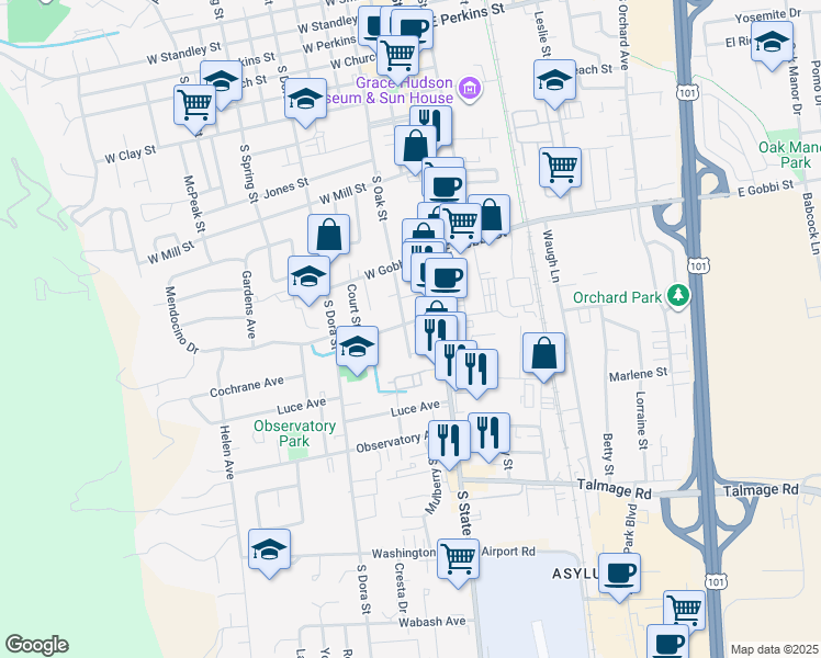 map of restaurants, bars, coffee shops, grocery stores, and more near 901 South Oak Street in Ukiah