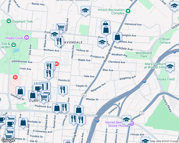 map of restaurants, bars, coffee shops, grocery stores, and more near 565 Blair Avenue in Cincinnati