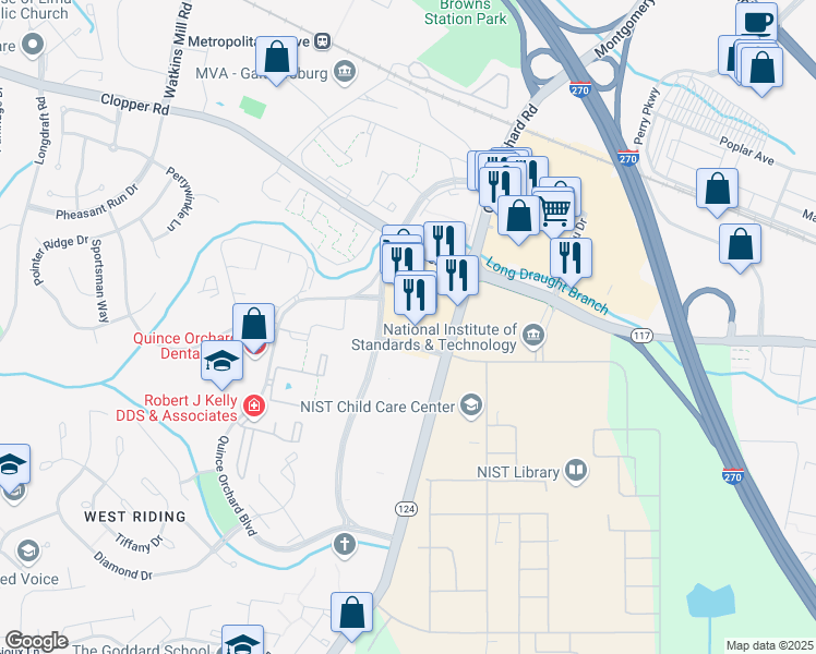 map of restaurants, bars, coffee shops, grocery stores, and more near 660 Quince Orchard Road in Gaithersburg