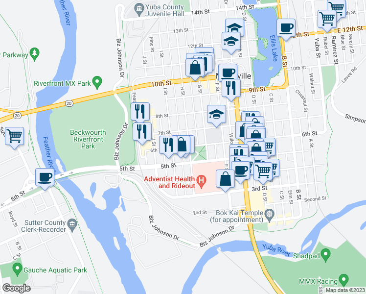 map of restaurants, bars, coffee shops, grocery stores, and more near 815 6th Street in Marysville