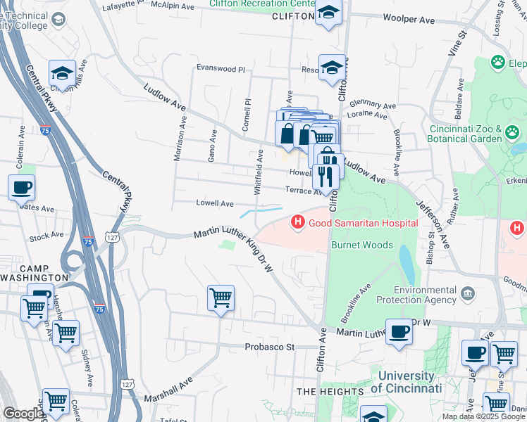 map of restaurants, bars, coffee shops, grocery stores, and more near 3238 Whitfield Avenue in Cincinnati