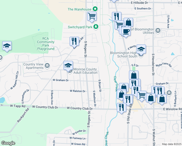 map of restaurants, bars, coffee shops, grocery stores, and more near 2404 South Madison Street in Bloomington
