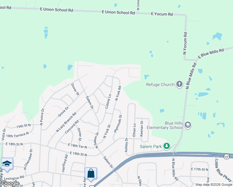 map of restaurants, bars, coffee shops, grocery stores, and more near 2102 North York Street in Independence