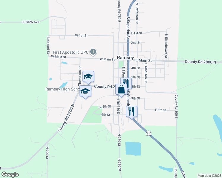 map of restaurants, bars, coffee shops, grocery stores, and more near 306 6th Street in Ramsey