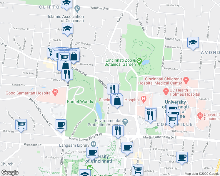 map of restaurants, bars, coffee shops, grocery stores, and more near 3300 Jefferson Avenue in Cincinnati
