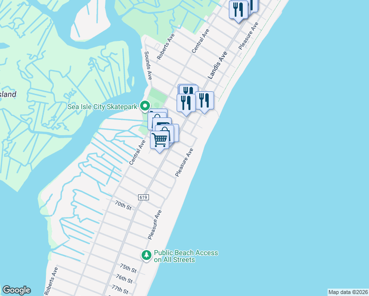 map of restaurants, bars, coffee shops, grocery stores, and more near 16 62nd Street in Sea Isle City