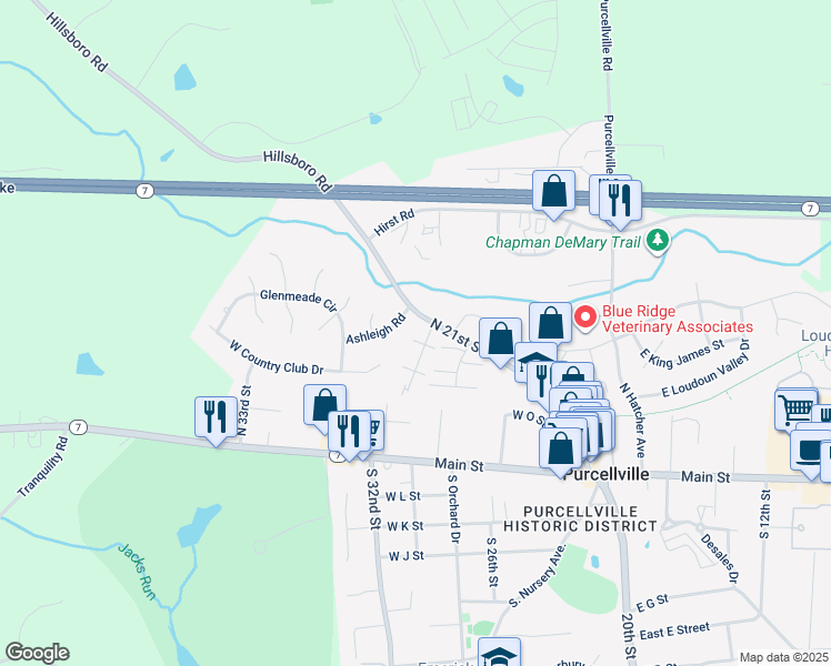 map of restaurants, bars, coffee shops, grocery stores, and more near 408 Leeds Ridge Court in Purcellville