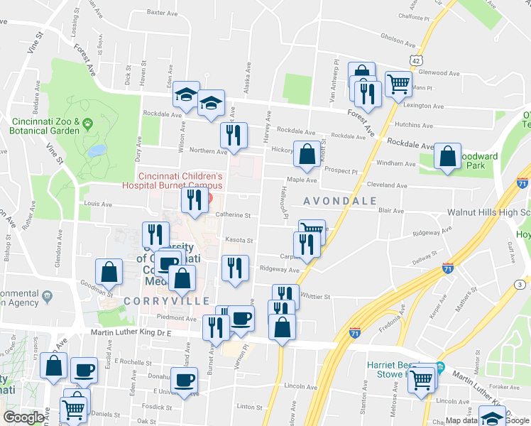 map of restaurants, bars, coffee shops, grocery stores, and more near 3404 Harvey Avenue in Cincinnati