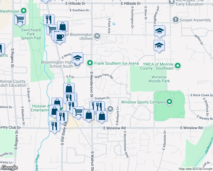 map of restaurants, bars, coffee shops, grocery stores, and more near 2249 South Sweetbriar Court in Bloomington