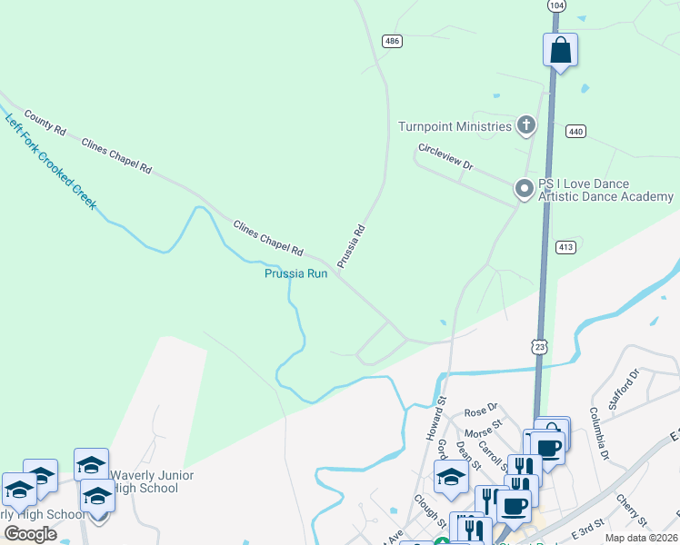 map of restaurants, bars, coffee shops, grocery stores, and more near County Road in Waverly