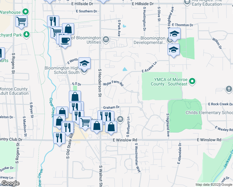 map of restaurants, bars, coffee shops, grocery stores, and more near 2249 South Sweetbriar Court in Bloomington