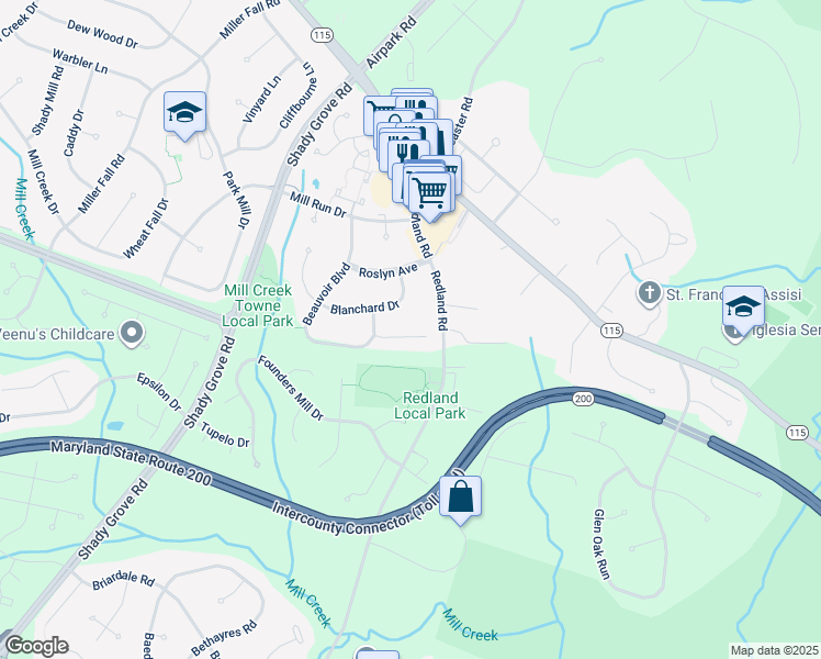 map of restaurants, bars, coffee shops, grocery stores, and more near 17 Beauvoir Court in Derwood