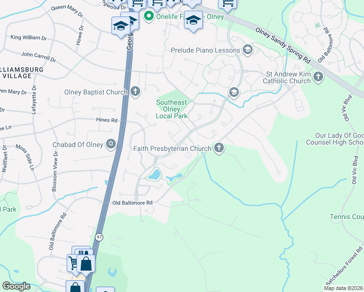 map of restaurants, bars, coffee shops, grocery stores, and more near 3444 Queensborough Drive in Olney