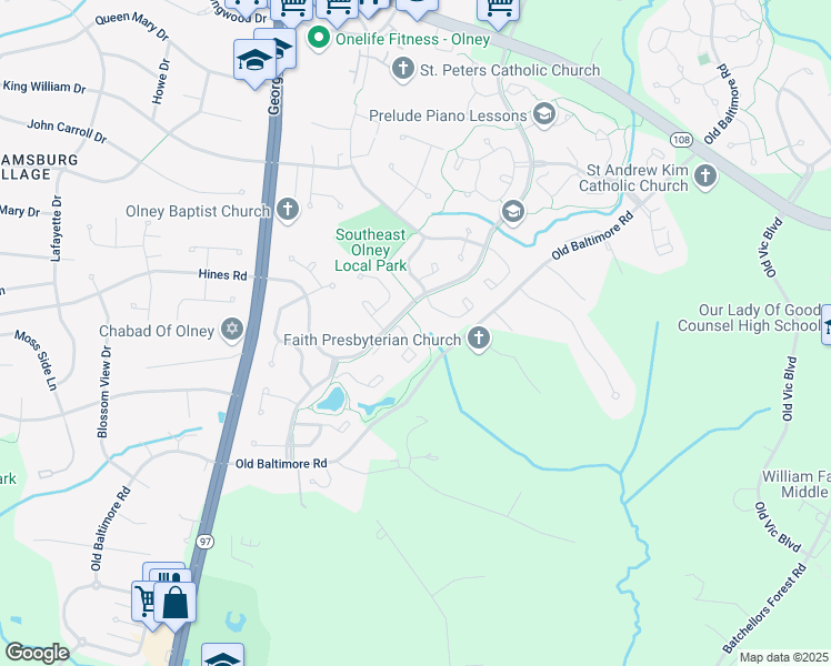 map of restaurants, bars, coffee shops, grocery stores, and more near 3423 Queensborough Drive in Olney