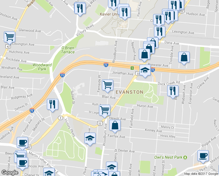 map of restaurants, bars, coffee shops, grocery stores, and more near 3426 Woodburn Avenue in Cincinnati