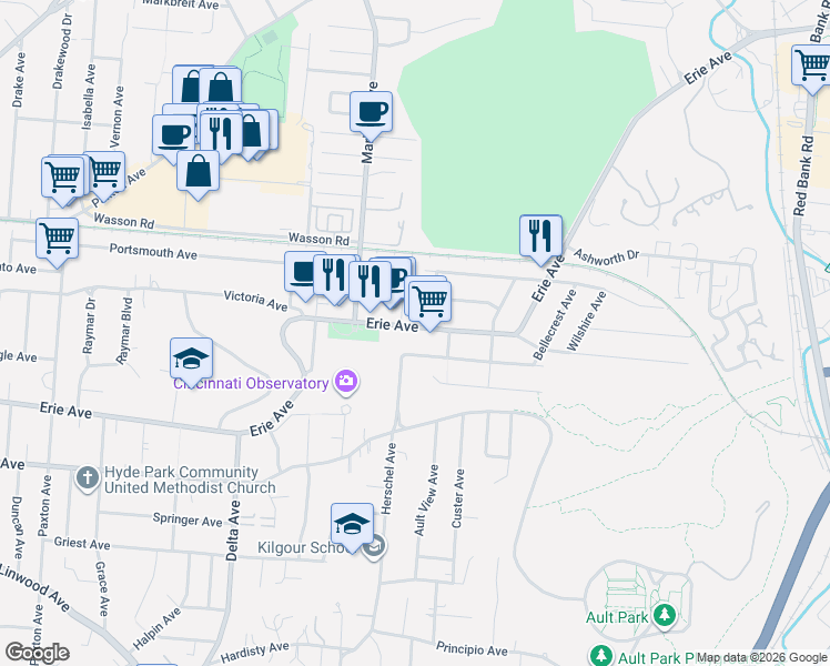 map of restaurants, bars, coffee shops, grocery stores, and more near 3417 Erie Avenue in Cincinnati