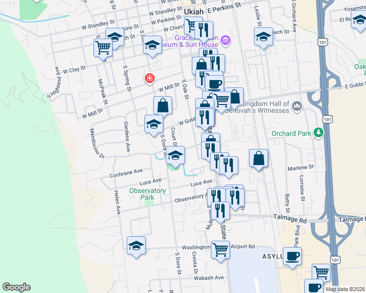map of restaurants, bars, coffee shops, grocery stores, and more near 260 Freitas Avenue in Ukiah