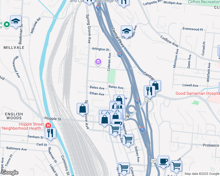 map of restaurants, bars, coffee shops, grocery stores, and more near 3130 Colerain Avenue in Cincinnati