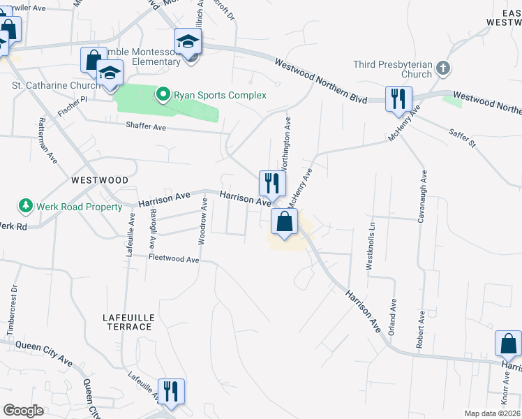 map of restaurants, bars, coffee shops, grocery stores, and more near 2495 Harrison Ave in Cincinnati