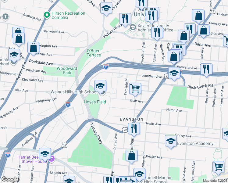 map of restaurants, bars, coffee shops, grocery stores, and more near 3419 Pleasant View Ave in Cincinnati