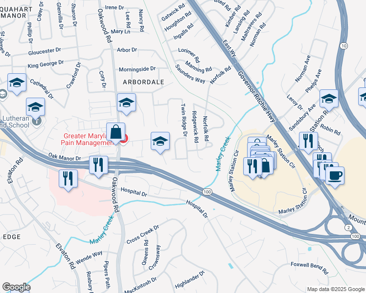 map of restaurants, bars, coffee shops, grocery stores, and more near 7850 Twin Ridge Drive in Glen Burnie
