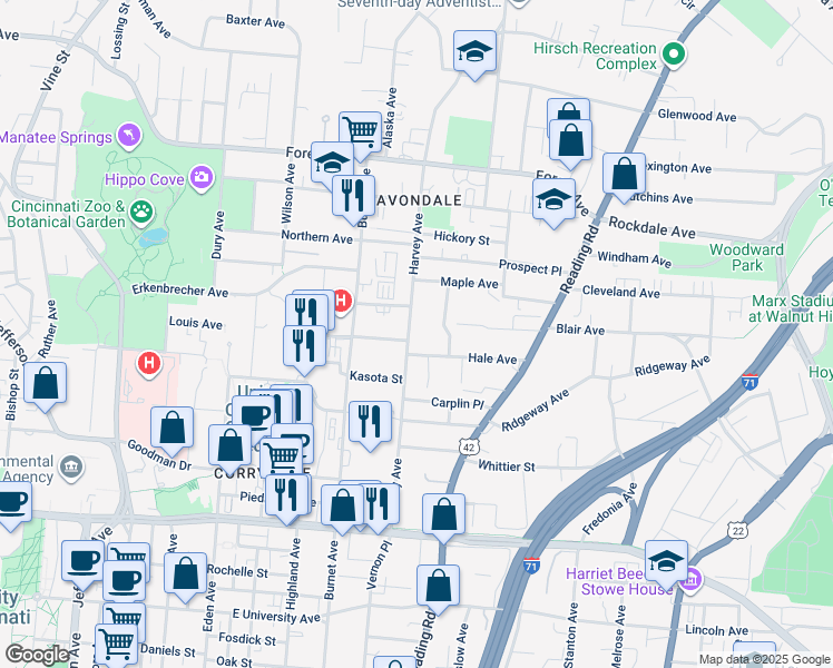 map of restaurants, bars, coffee shops, grocery stores, and more near 3404 Harvey Avenue in Cincinnati