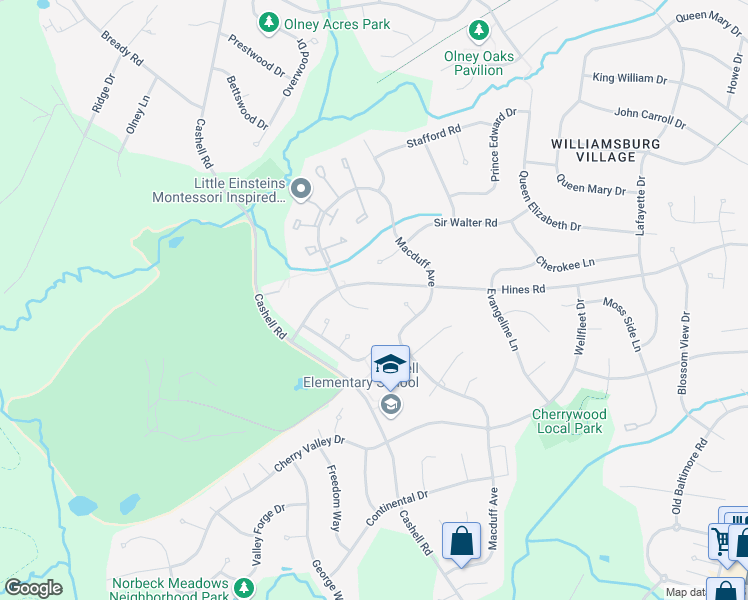 map of restaurants, bars, coffee shops, grocery stores, and more near 17632 Macduff Avenue in Olney