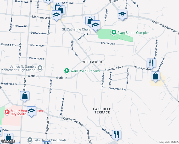 map of restaurants, bars, coffee shops, grocery stores, and more near 2747 Werkastle Lane in Cincinnati