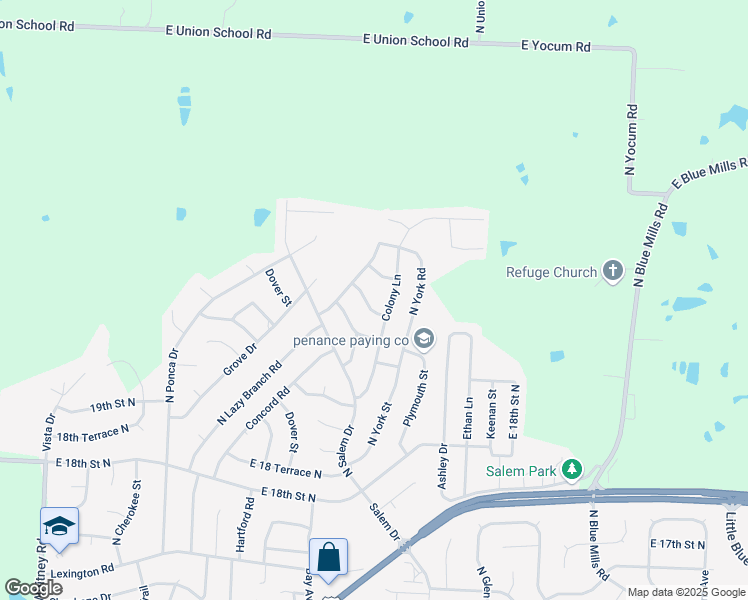 map of restaurants, bars, coffee shops, grocery stores, and more near 19112 E Roxsbury Ln in Independence