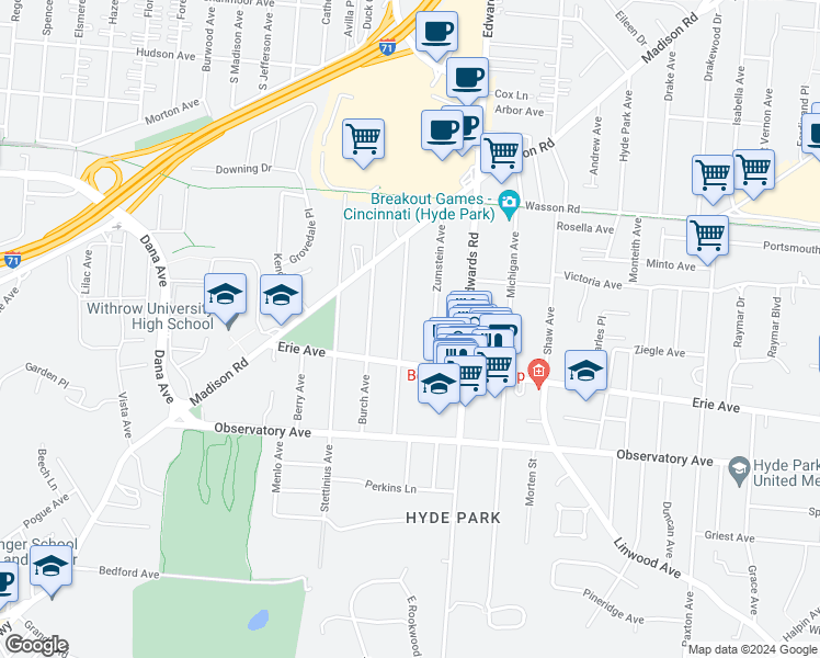 map of restaurants, bars, coffee shops, grocery stores, and more near 3526 Mooney Avenue in Cincinnati
