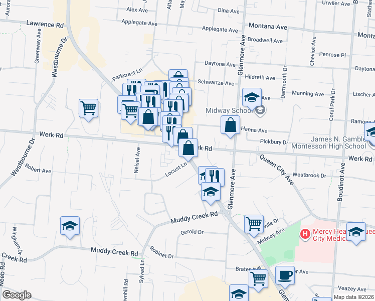 map of restaurants, bars, coffee shops, grocery stores, and more near 5984 Glenway Avenue in Cincinnati