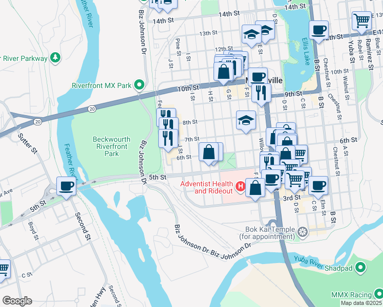 map of restaurants, bars, coffee shops, grocery stores, and more near 915 6th Street in Marysville