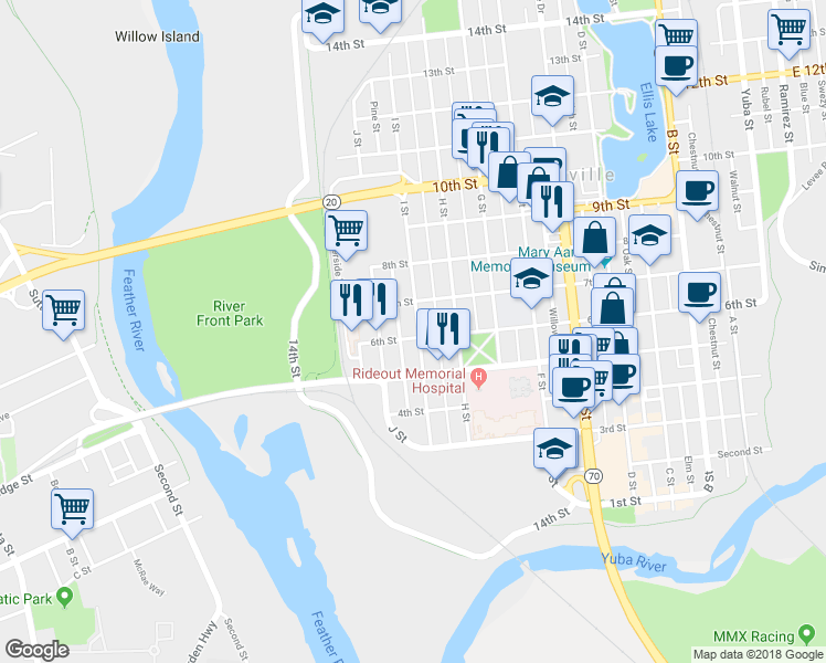 map of restaurants, bars, coffee shops, grocery stores, and more near 915 6th Street in Marysville