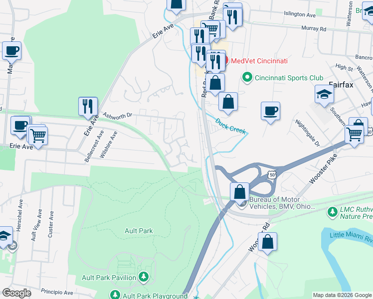 map of restaurants, bars, coffee shops, grocery stores, and more near 3494 Forestoak Court in Cincinnati