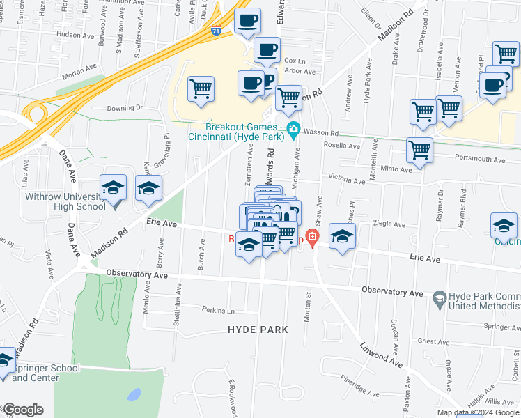 map of restaurants, bars, coffee shops, grocery stores, and more near 3534 Zumstein Avenue in Cincinnati