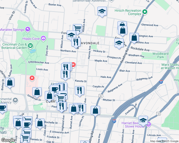 map of restaurants, bars, coffee shops, grocery stores, and more near 3404 Harvey Avenue in Cincinnati