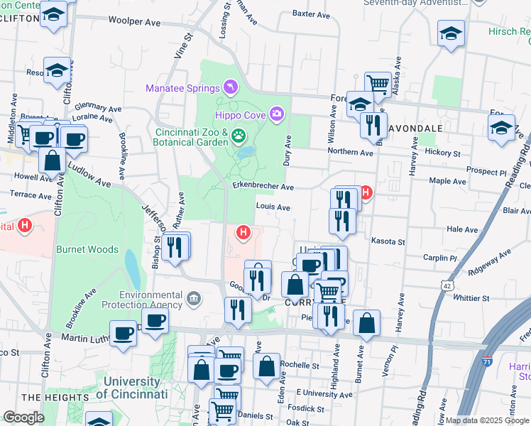 map of restaurants, bars, coffee shops, grocery stores, and more near 115 Louis Avenue in Cincinnati