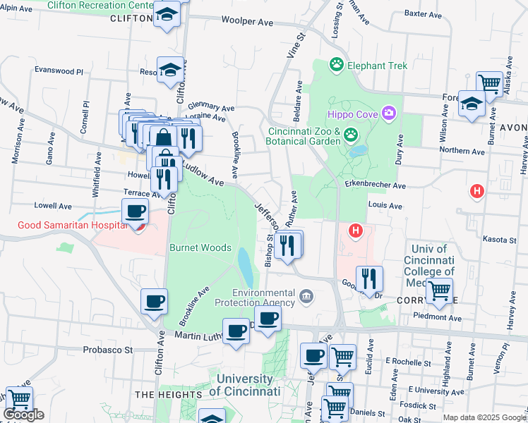 map of restaurants, bars, coffee shops, grocery stores, and more near 3317 Jefferson Avenue in Cincinnati