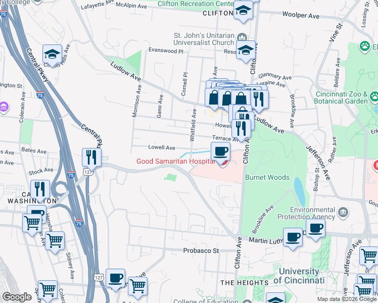 map of restaurants, bars, coffee shops, grocery stores, and more near 523 Lowell Avenue in Cincinnati