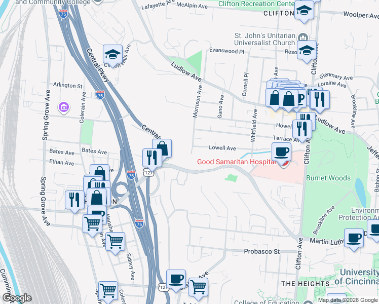map of restaurants, bars, coffee shops, grocery stores, and more near 605 Lowell Avenue in Cincinnati