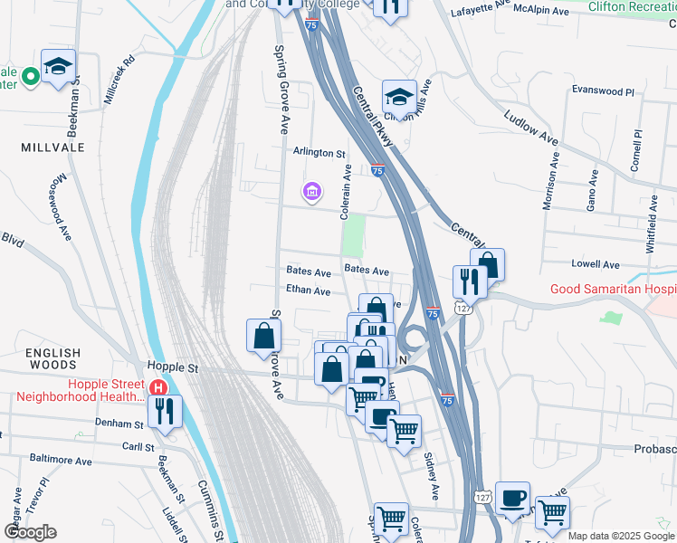 map of restaurants, bars, coffee shops, grocery stores, and more near 3130 Colerain Avenue in Cincinnati