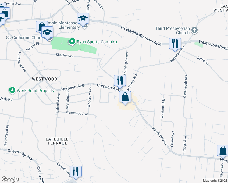 map of restaurants, bars, coffee shops, grocery stores, and more near 2495 Harrison Avenue in Cincinnati