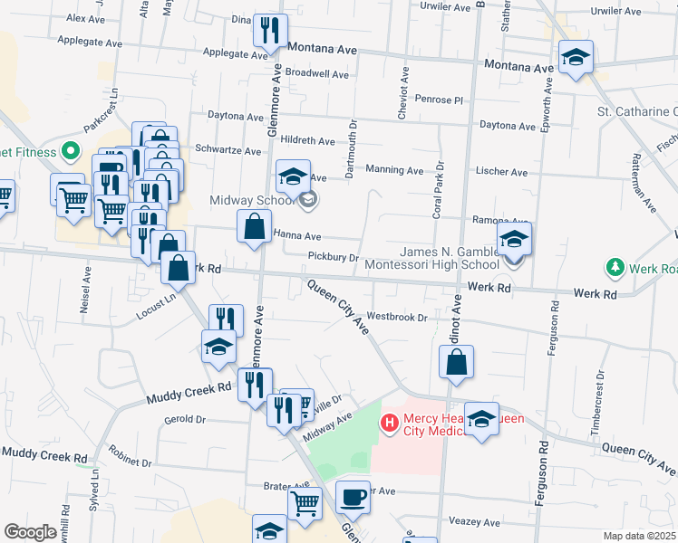 map of restaurants, bars, coffee shops, grocery stores, and more near 3244 Werk Road in Cincinnati