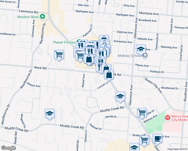 map of restaurants, bars, coffee shops, grocery stores, and more near 3509 Werk Road in Cincinnati