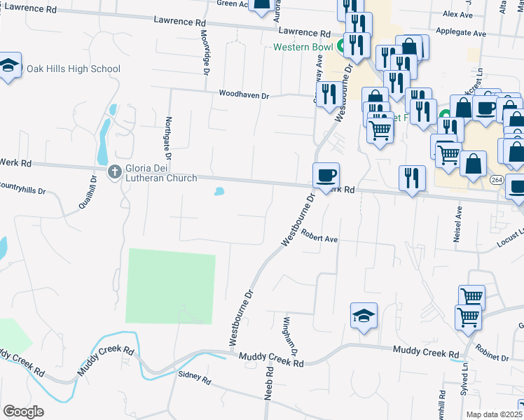map of restaurants, bars, coffee shops, grocery stores, and more near 5566 Picardy Lane in Cincinnati