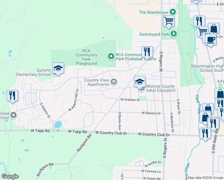 map of restaurants, bars, coffee shops, grocery stores, and more near 2500 South Rockport Road in Bloomington